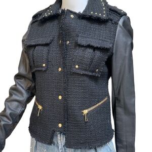 David Kahn Black Boulce Tweed Moto Style Studded Wool Blend Jacket | M